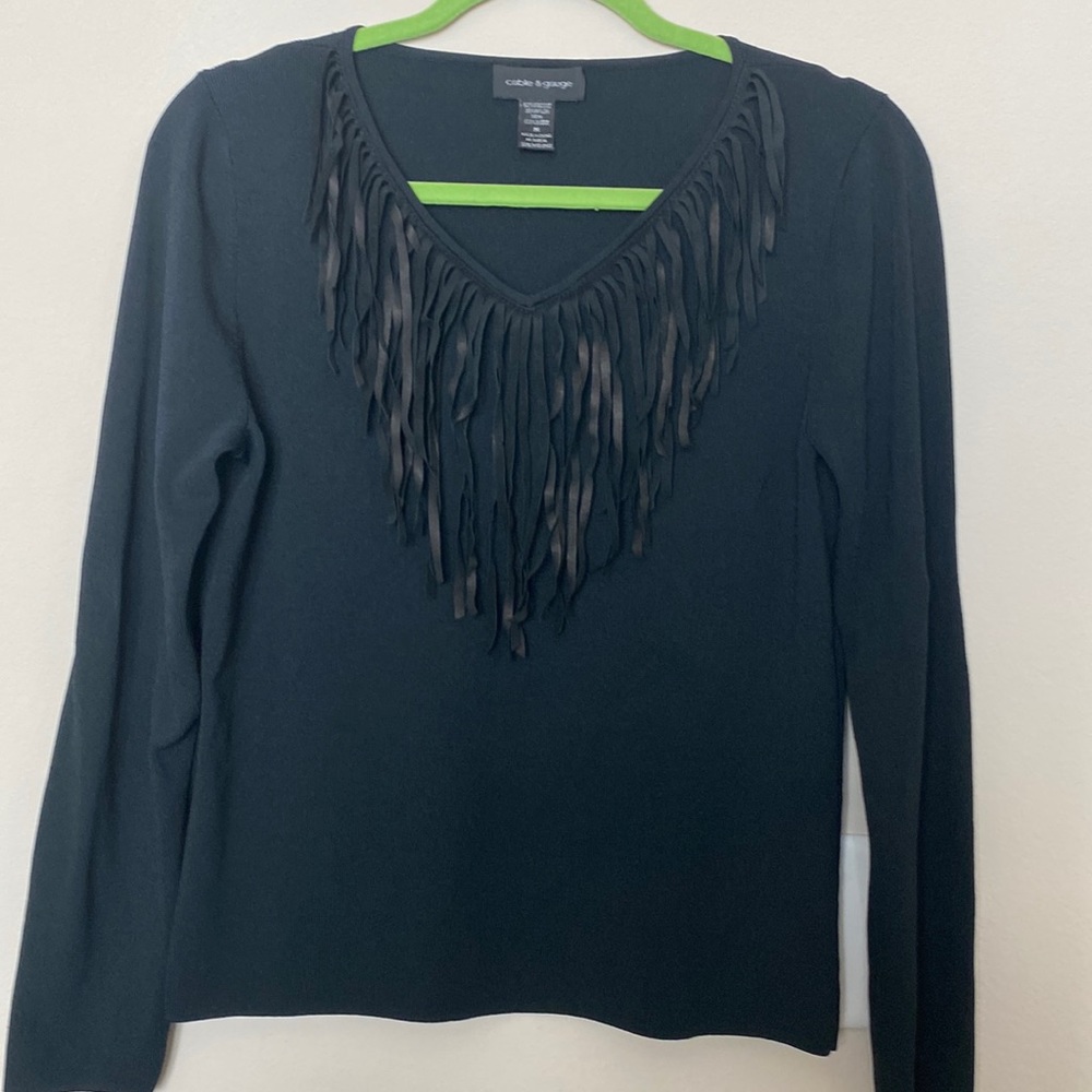 Black M sweater with suede trim - neck line fringe.